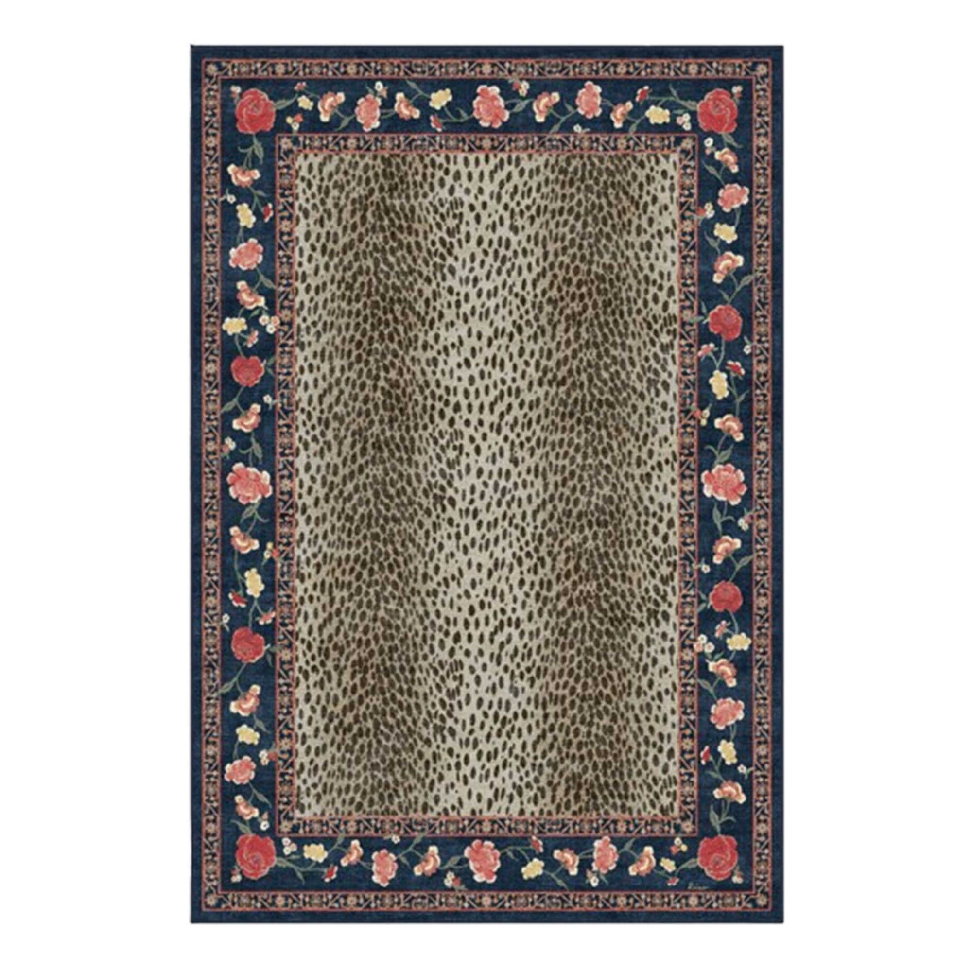 Black and leopard print rug with floral border and white background