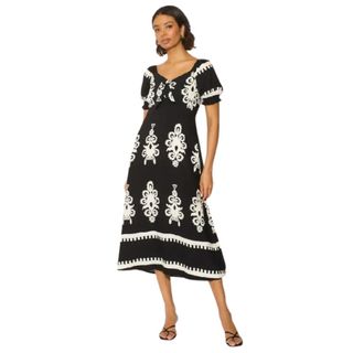 Silkfred Black Printed Puff Sleeve Tie Front Midi Dress