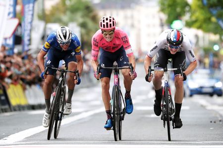 SAN SEBASTIAN SPAIN JULY 31 LR Mikkel Honor of Denmark and Team Deceuninck QuickStep Neilson Powless of United States and Team EF Education Nippo Matej Mohoric of Slovenia and Team Bahrain Victorious sprint at finish line during the 41st Donostia San Sebastian Klasikoa 2021 a 2235km race from DonostiaSan Sebastian to DonostiaSan Sebastian Klasikoa on July 31 2021 in San Sebastian Spain Photo by Gonzalo Arroyo MorenoGetty Images