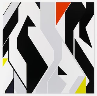 A painting with various shapes in black, white and grey.