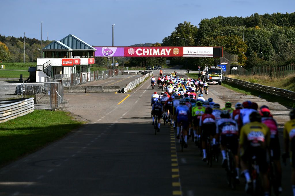 BINCHE BELGIUM OCTOBER 04 A general view of the peloton competing during the 35th Binche Chimay Binche Memorial Frank Vandenbroucke 2022 a 1986km one day race from Binche to Binche BincheChimayBinche on October 04 2022 in Binche Belgium Photo by Luc ClaessenGetty Images