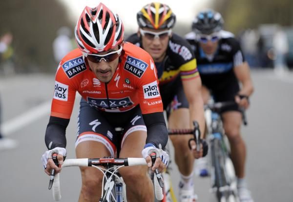Fabian Cancellara, Tom Boonen and Juan Antonio Flecha on their own at E3 Prijs