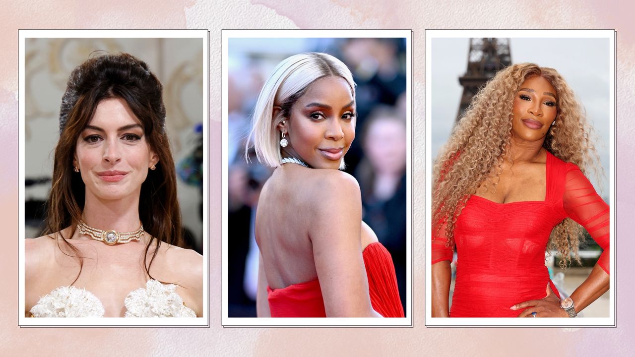 Anne Hathaway is pictured with curtain bangs at the 2023 Costume Institute Benefit celebrating &quot;Karl Lagerfeld: A Line of Beauty&quot; at Metropolitan Museum of Art on May 01, 2023 in New York City, alongside a picture of Kelly Rowland, who has a blonde bob at the &quot;Marcello Mio&quot; Red Carpet at the 77th annual Cannes Film Festival at Palais des Festivals on May 21, 2024 in Cannes, France, and finally, Serena Williams is pictured with blonde curls at the red carpet ahead of the opening ceremony of the Olympic Games Paris 2024 on July 26, 2024 in Paris, France/ in a peach and purple watercolour paint-style templste