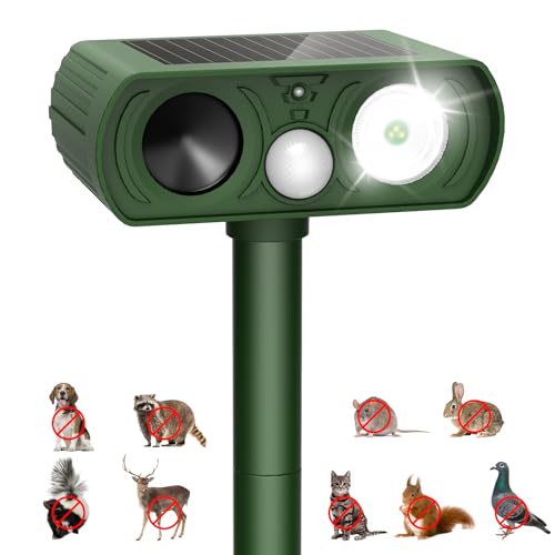 Upgraded Solar Ultrasonic Animal Repellent Outdoor, Deer Repellent Devices Motion Detection, Waterproof Cat Squirrel Mouse Raccoon Dog Repellent Deterrent With Led Flash Lights for Yard Farm Garden