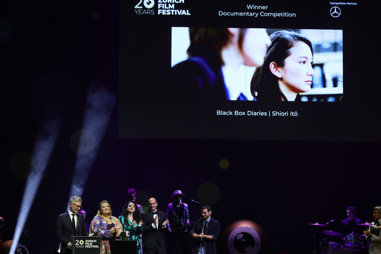 ZURICH, SWITZERLAND - OCTOBER 12: ZFF Jury members Kevin MacDonald, Anna Hints, Franziska Sonder, Ben Bernhard and Vincent Kelner accept the &quot;ZFF Documentary&quot; Award for &quot;Black Box Diaries&quot; on behalf of Shiori Ito on stage at the Award Night of the 20th Zurich Film Festival at Opera House on October 12, 2024 in Zurich, Switzerland.