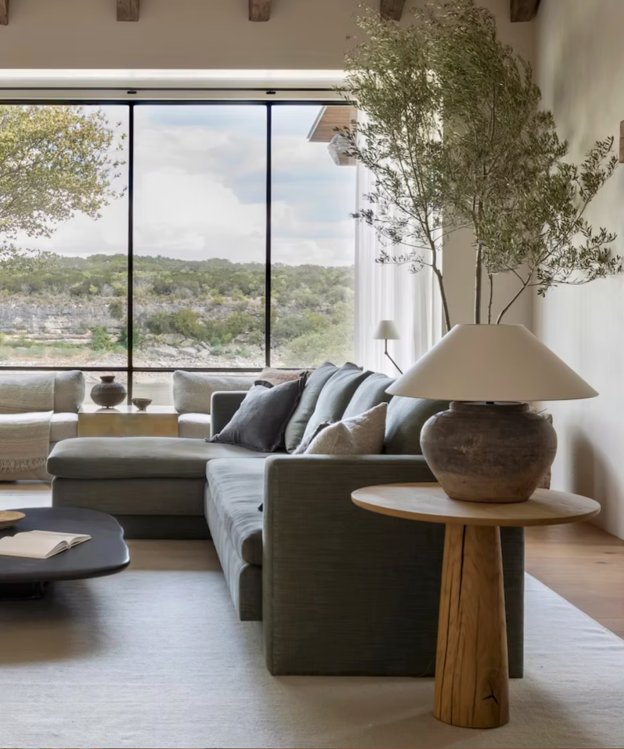 Calming earth tone living room with wood accents