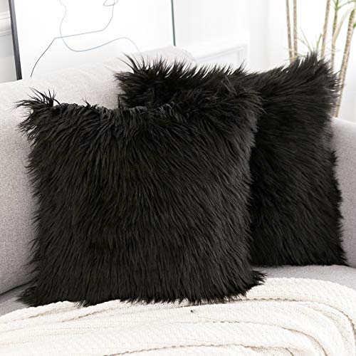 Wlnui Set of 2 Black Decorative Fluffy Pillow Covers New Luxury Series Merino Style Faux Fur Throw Pillow Covers Square Fuzzy Cushion Case Spring Easter Home Decor 18x18 Inch