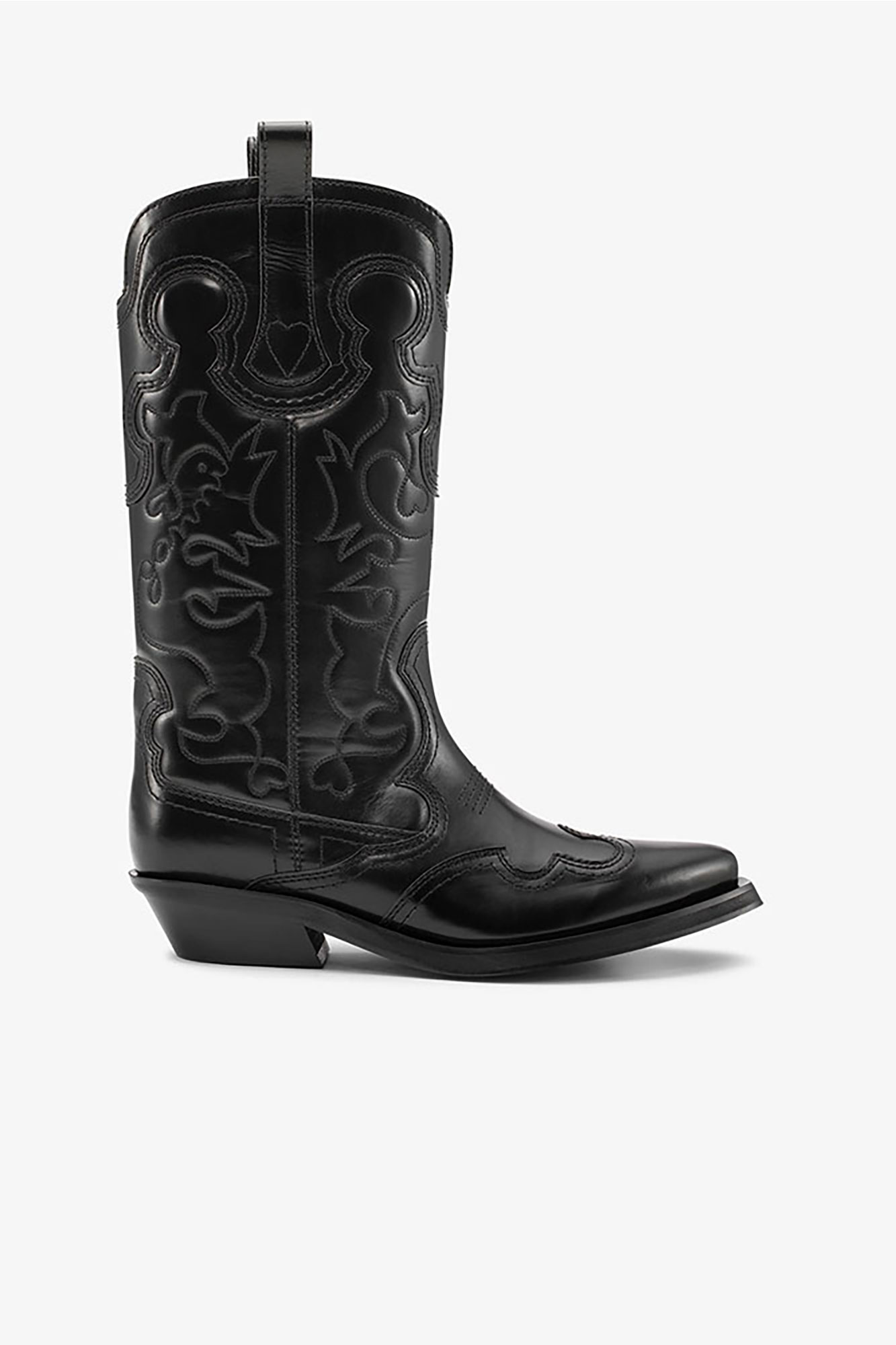 Mid Shaft Embroidered Western Boots in Black