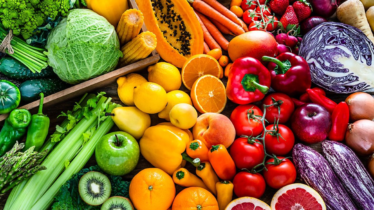 selection of bright fruit and vegetables