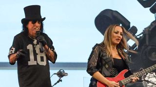 Alice Cooper and Nita Strauss onstage at the Allegiant Stadiumin Las Vegas, Nevada