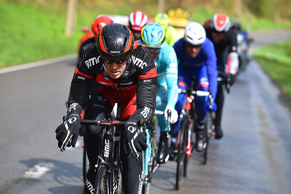 Di Marchi (BMC) leading the group at Liege-Bastogne-Liege