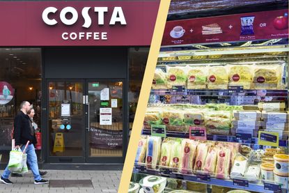 Costa Cofee sign and split layout with Costa coffee sandwiches