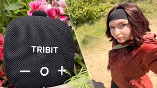 Tribit StormBox Micro 3 Bluetooth Speaker and woman hiking on a trail