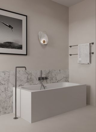 modern bathroom with marble blacksplash