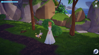 Disney Dreamlight Valley - a player stands in the peaceful meadow in front of a sparkling object on the ground
