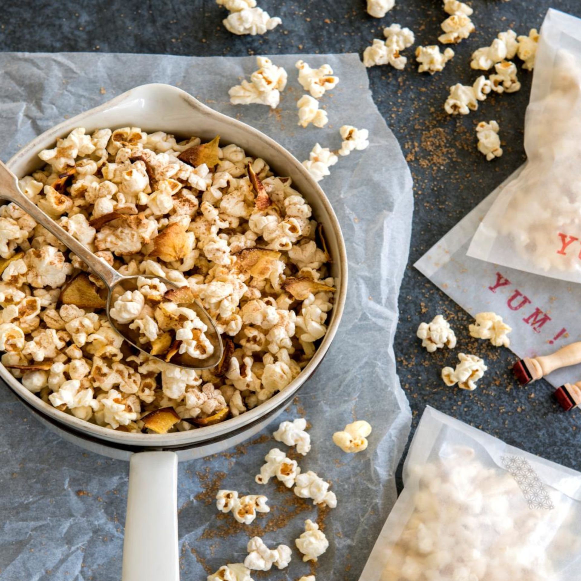 cream pan containing popcorn