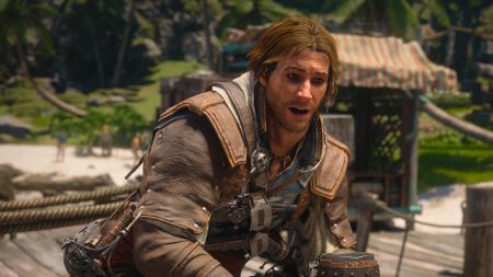 Pirate assassin Edward stands in the sunny Caribbean Assassin's Creed Black Flag Resynced