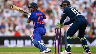 Shikhar Dhawan of India bats during the 1st Royal London Series One Day International between England and India at The Kia Oval on July 12