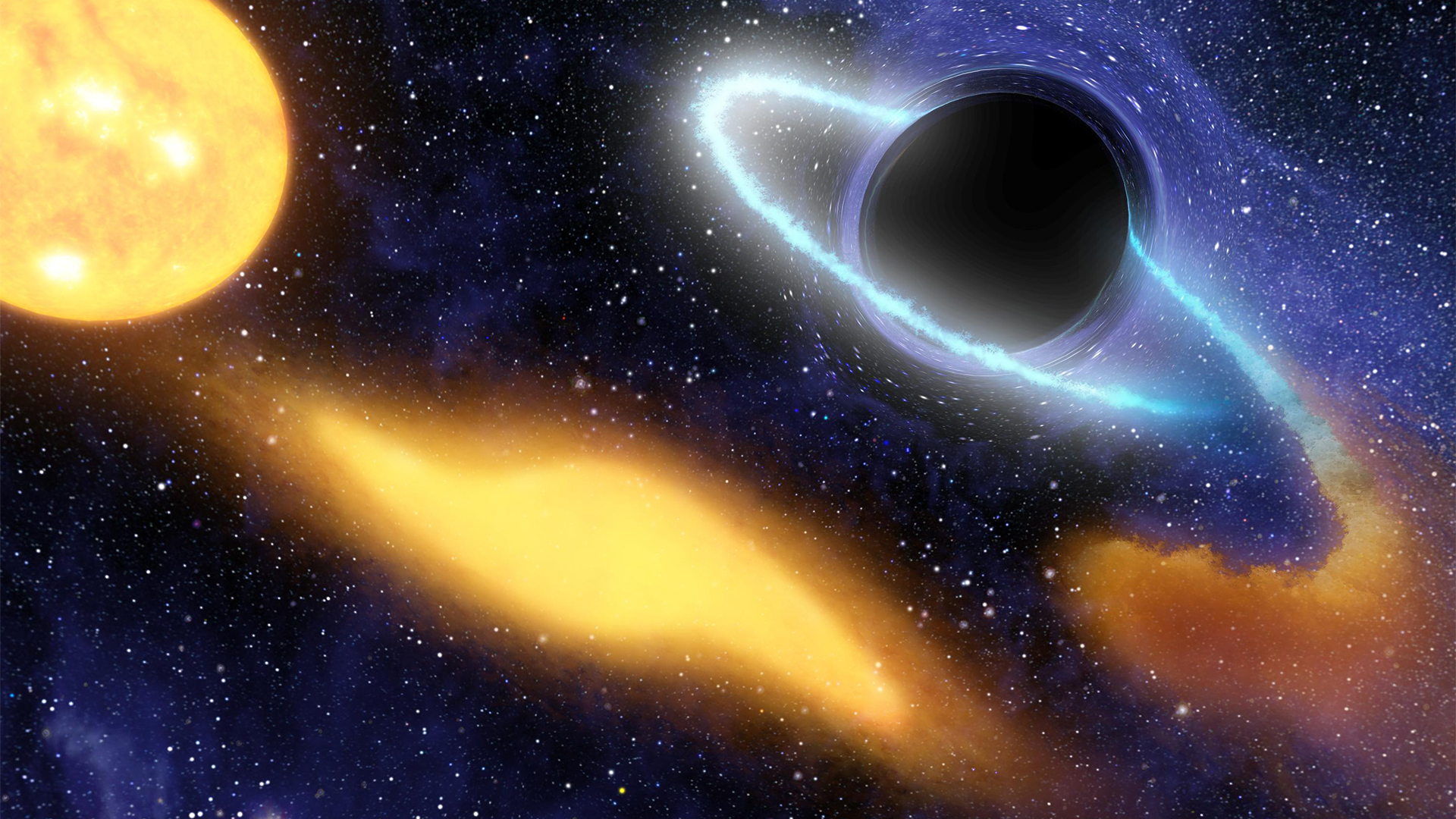 This artist concept shows a supermassive black hole at the center of a remote galaxy digesting the remnants of a star.