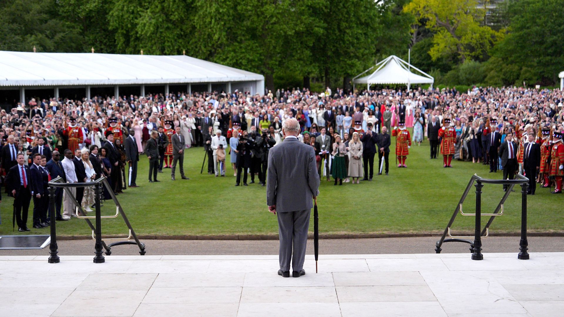 King Charles III arrives for the Royal Garden Party at Buckingham Palace on May 14, 2026