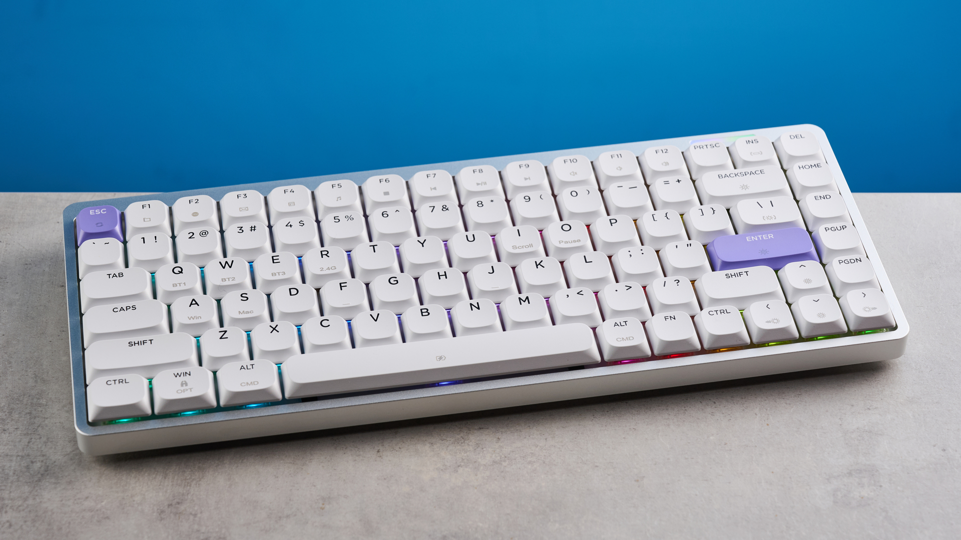 A white and purple Epomaker Luma84 low-profile mechanical keyboard