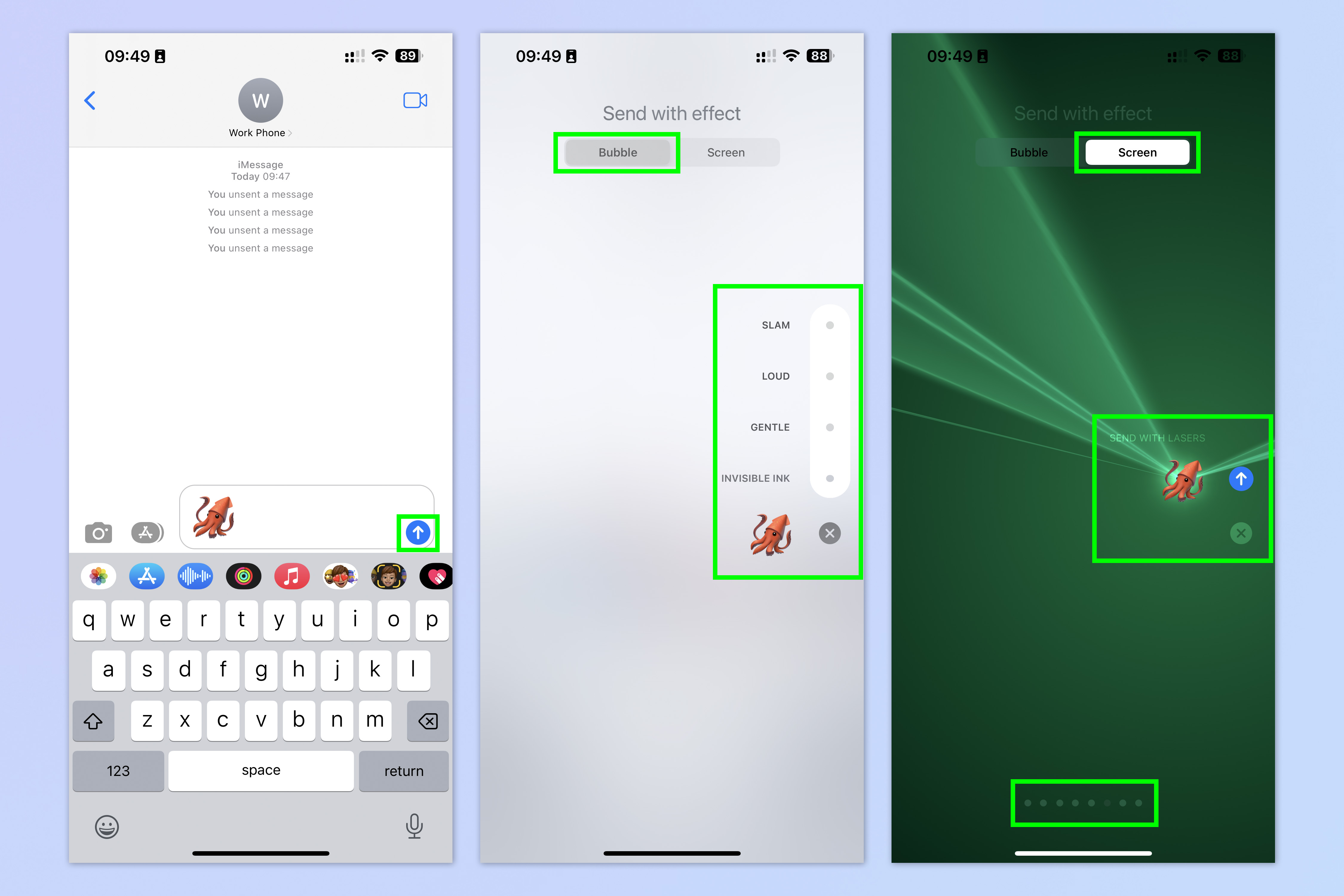 Una captura de pantalla que muestra las funciones ocultas de los mensajes de iOS