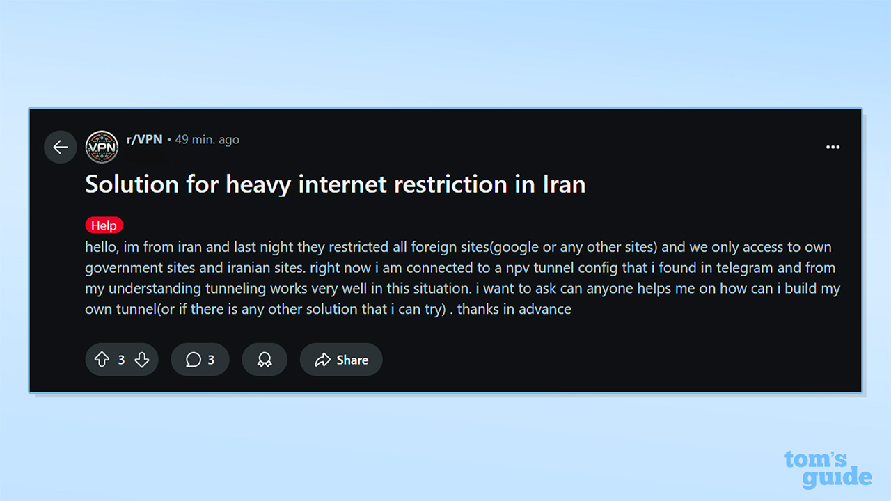 Screenshot of Iranian Reddit user describing the ongoing internet restrictions in Iran