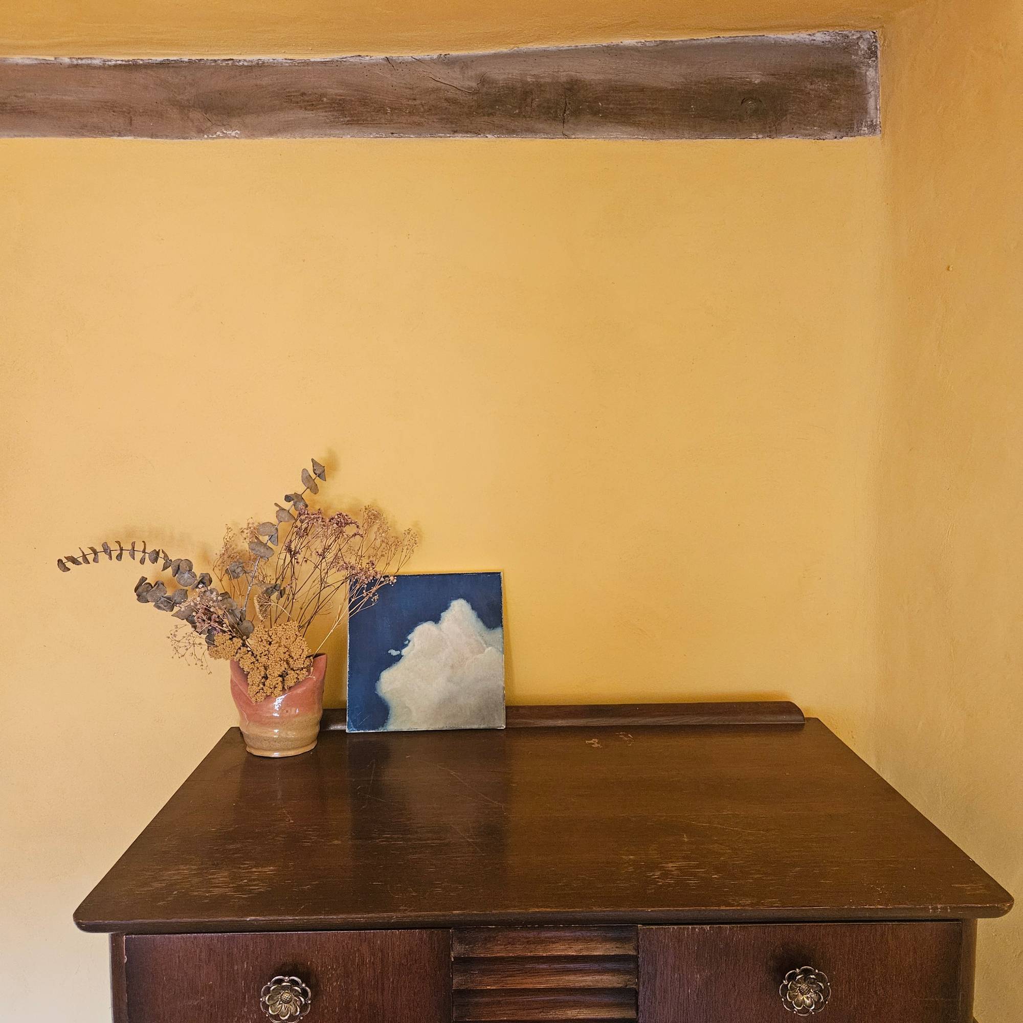 yellow painted walls with wooden furniture