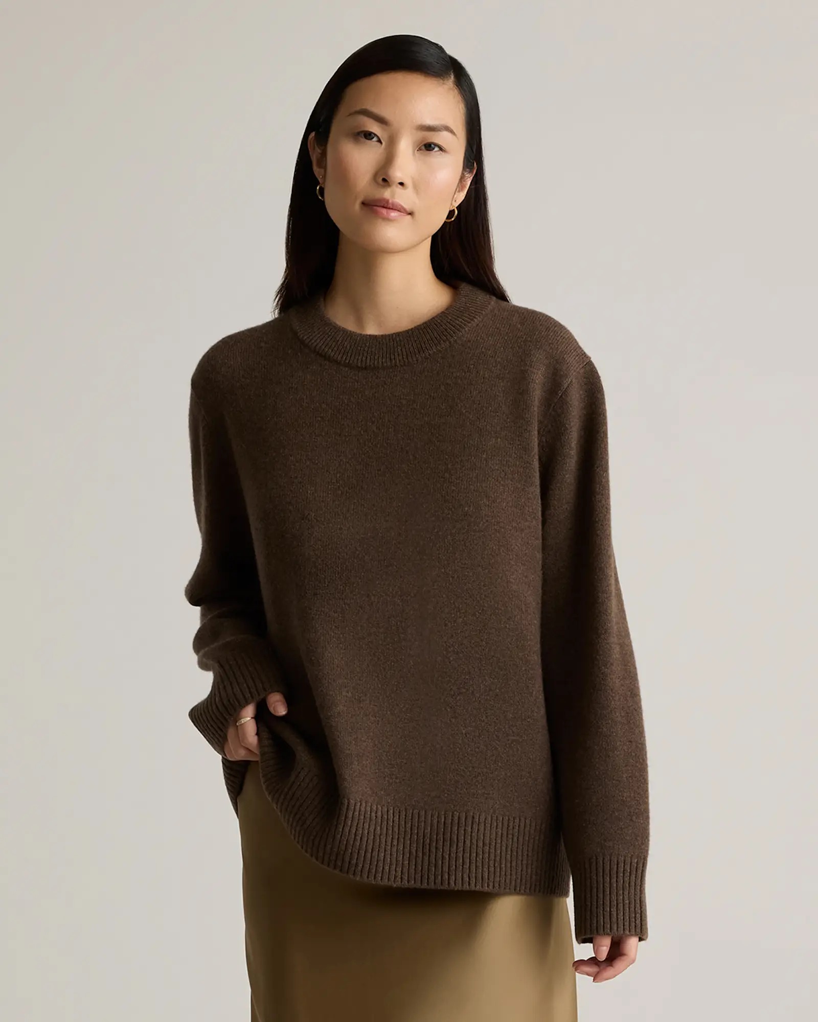 Mongolian Cashmere Oversized Crewneck Sweater in Brown