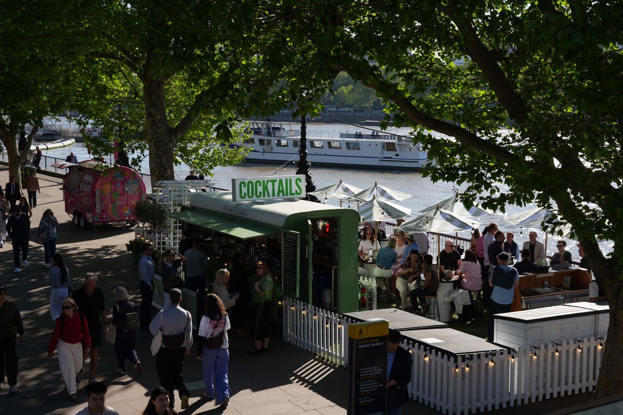 Busy South Bank cocktail bar terrace beside the River Thames.