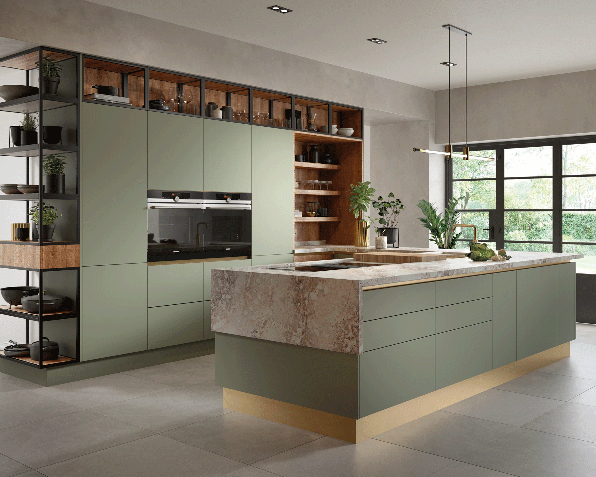 Green kitchen with stone worktop