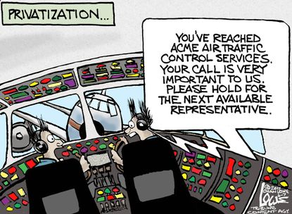 Political cartoon U.S. Trump privatization air traffic control