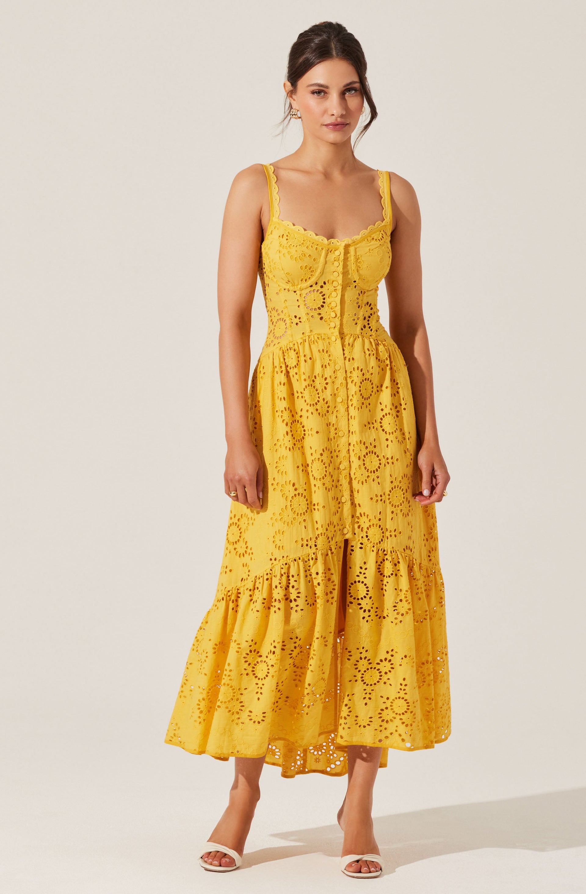 Yamila Eyelet Corset Midi Dress - Mustard / Xs