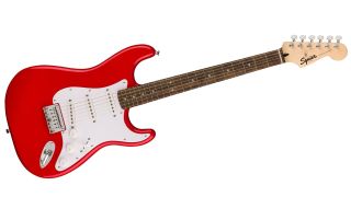 A Squier Sonic Stratocaster HT beginner guitar in red