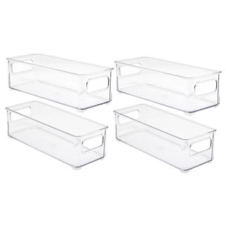 Four narrow plastic storage bins