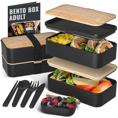 Bentoheaven Premium Bento Box Adult Lunch Box With Compartments for Women &amp;amp; Men, Set of Utensil &amp;amp; Chopsticks &amp;amp; Dip Container, Cute Japanese Kids Bento Lunch Box, Microwavable (symph Onyx)