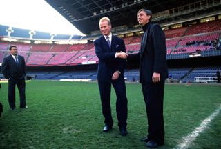 Barcelona coach Johan Cruyff welcomes new signing Ronald Koeman to the Catalan club at Camp Nou in 1989.