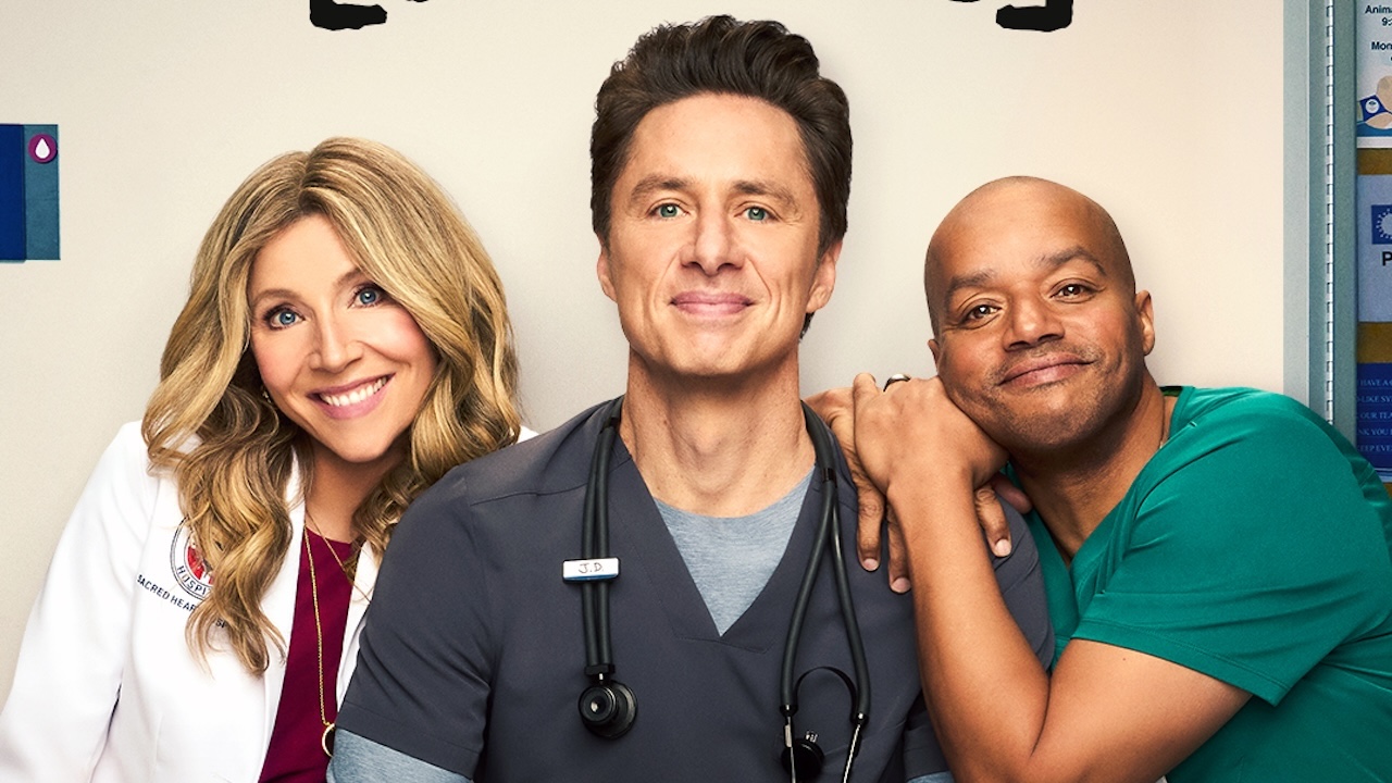 Sarah Chalke as Elliot, Zach Braff as J.D., and Donald Faison as Turk for ABC's 2026 Scrubs reboot