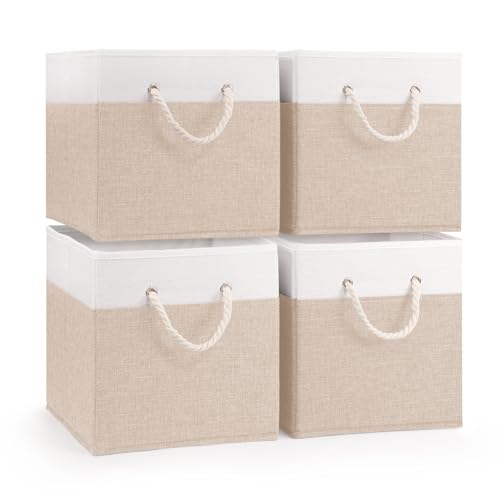 Woodluv Storage Cube Boxes Large, Set of 4 Foldable Storage Basket for Cupboards, Shelves, Closet, Set of 4, Beige, 25 X 25 X 25 Cm
