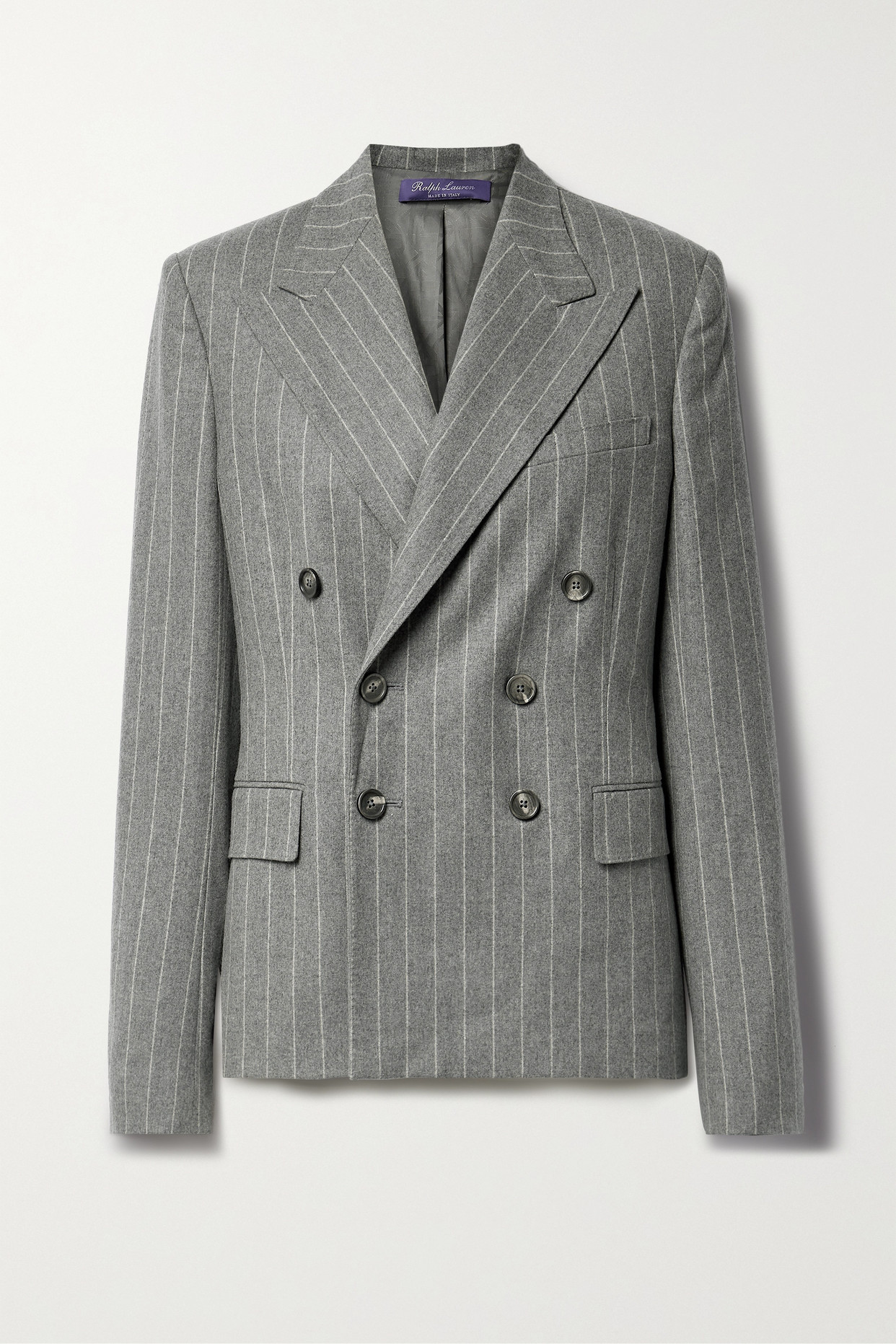 Double-Breasted Pinstriped Wool Blazer in Gray