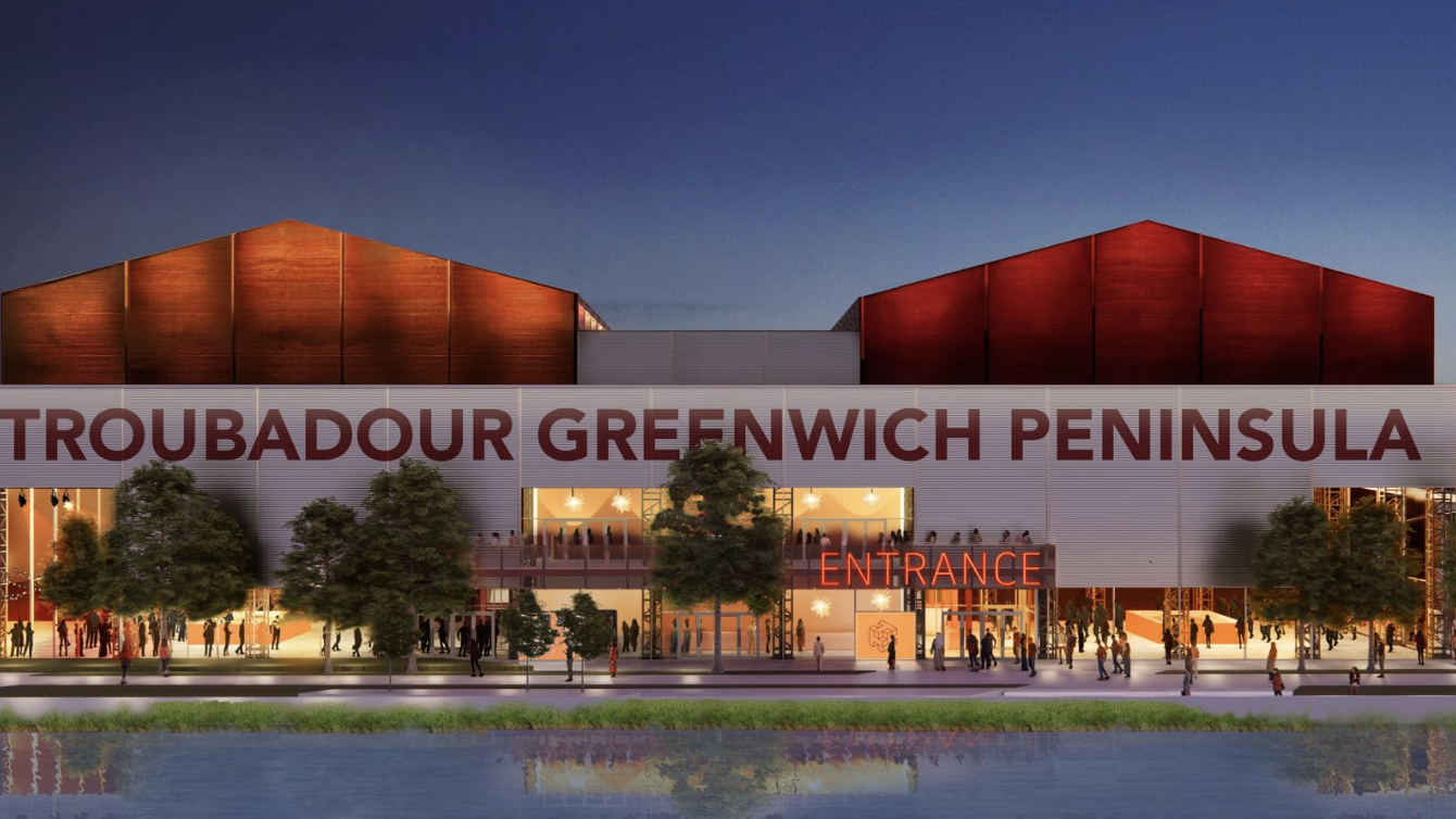 an image of the troubadour theatre on Greenwich peninsula which will neighbour the new Secret Cinema site
