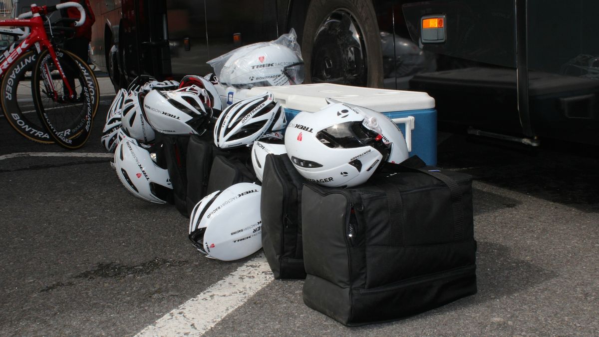 Road helmets, aero road helmets and brand new TT lids still in the bag all wait at the ready for Trek Factory riders.