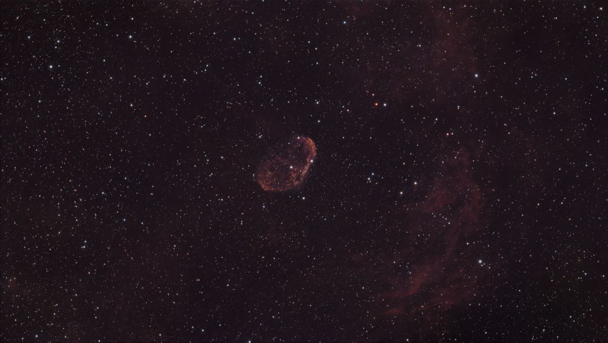 A photograph of the Crescent Nebula, taken with the Dwarf III smart telescope, processed in Pixinsight
