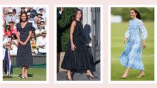Kate Middleton and Queen Letizia of Spain pictured wearing slingback-style heels with dresses in a pink, three-picture template