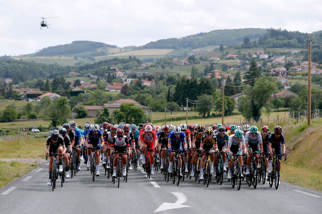 SAINT HAON LE VIEUXON FRANCE JUNE 01 The peloton during the 73rd Critrium du Dauphin 2021 Stage 3 a 1722km stage from Langeac to Saint Haon Le Vieuxon Landscape UCIworldtour Dauphin dauphine June 01 2021 in Saint Haon Le Vieuxon France Photo by Bas CzerwinskiGetty Images
