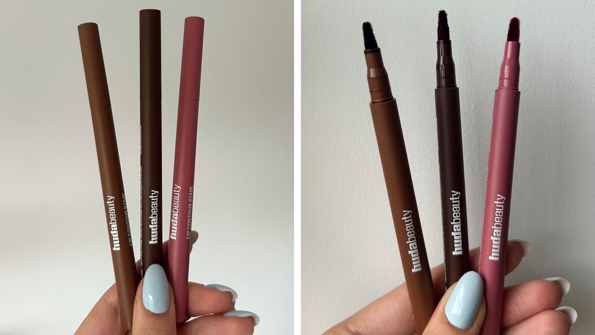 On the left, an image showing three shades of the Huda Beauty Lip Contour Stains with their lids on, on the right showing the tips of the markers