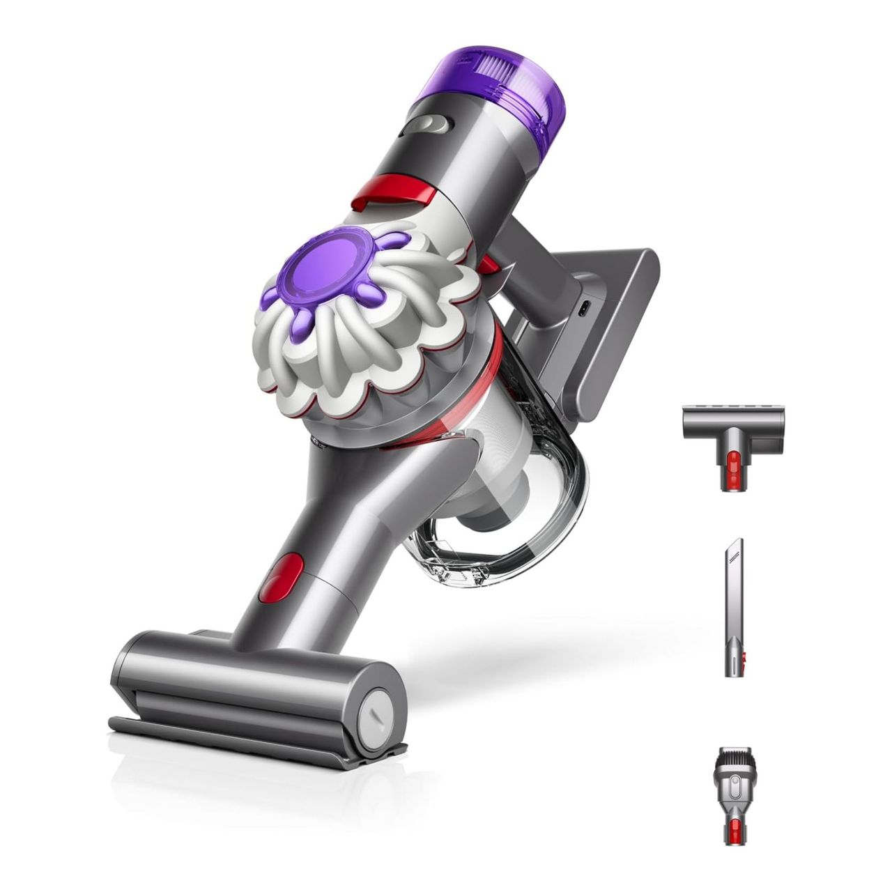 Dyson Car+Boat handheld vacuum cleaner with three vacuum attachments against white background.
