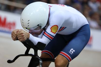 Shell logo on Great Britain rider's shoulder at Track World Championships