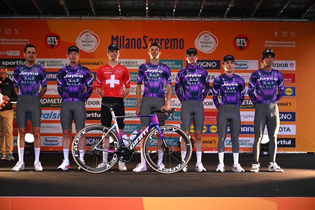 Michael Matthews and his Jayco-AlUla teammates at the 2025 Milan-San Remo team presentation