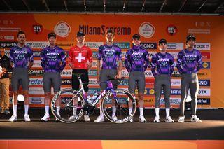 Michael Matthews and his Jayco-AlUla teammates at the 2025 Milan-San Remo team presentation